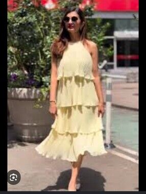Brand New Sleeveless Tiered Ruffle Midi Dress in Pale Yellow